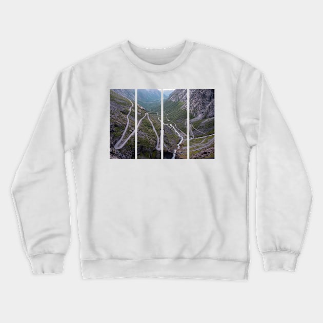 Wonderful landscapes in Norway. Vestland. Beautiful scenery of Trollstigen winding roads and valley on the Geiranger Trollstigen scenic route at midnight sun. Snowed mountains, stream Crewneck Sweatshirt by fabbroni-art